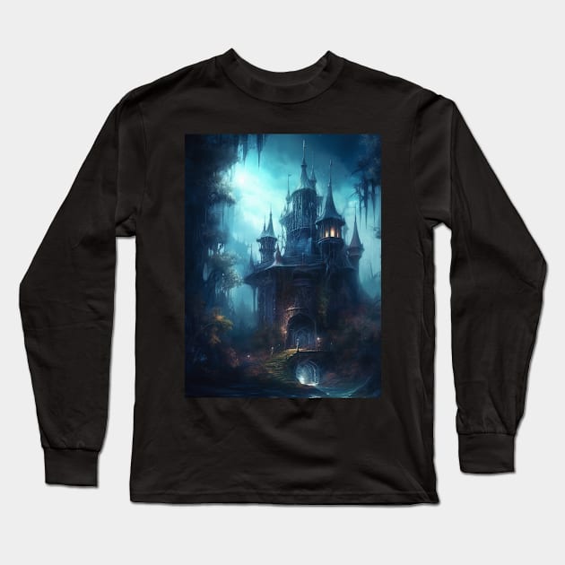 Gothic Futurism Castle in the Old Ancient Forest Long Sleeve T-Shirt by podartist